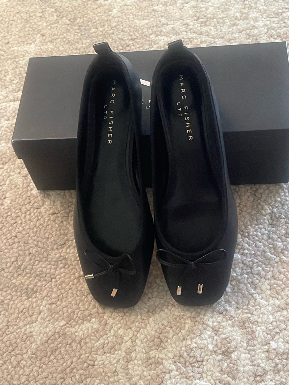 Marc Fisher Black Square-Toe Ballet Flats with Bow and Metal Tips